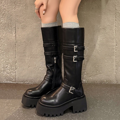 一力米灰2025新款真皮圆头粗跟复古长筒靴子女不过膝靴