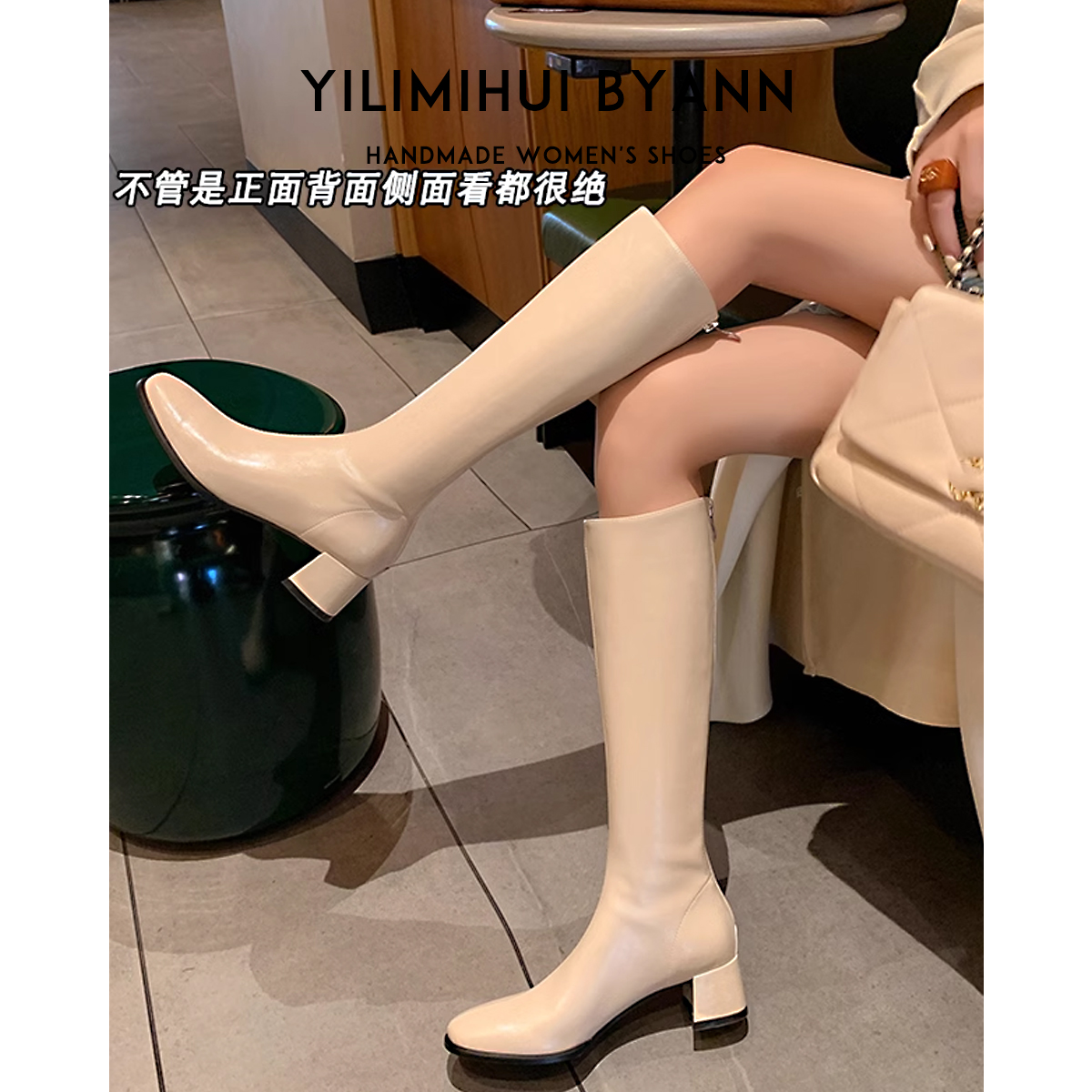 一力米灰显瘦方头粗跟骑士靴