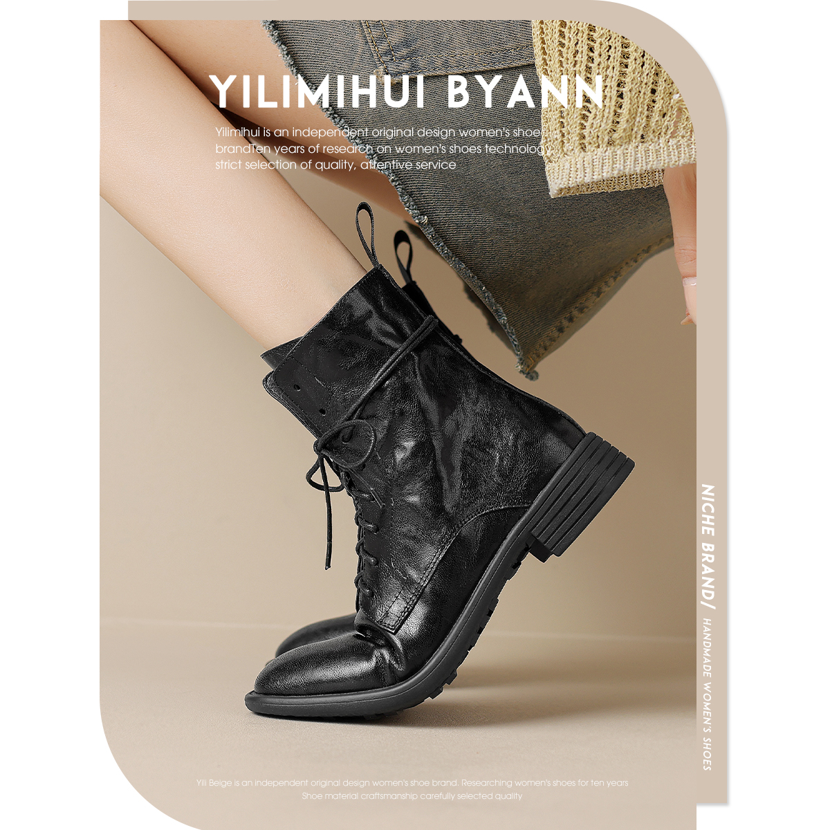 一力米灰马丁靴短靴手抓羊皮