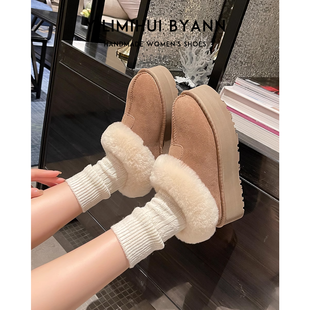 一力米灰冬季加绒厚底雪地靴