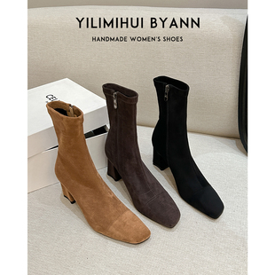 踝靴新款 粗跟弹力瘦瘦短靴绒面韩版 切尔西靴 炸街秘籍 一力米灰