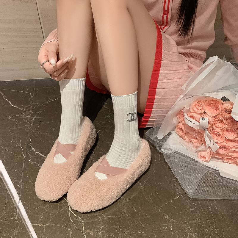 一力米灰2025年新款女鞋玛丽珍鞋平底鞋女鞋毛毛鞋保暖舒适百搭女