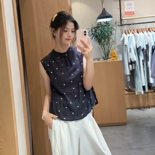 欧货爱心印花背后绑带无袖衬衫2025夏遮肚子显瘦上衣立领娃娃衫