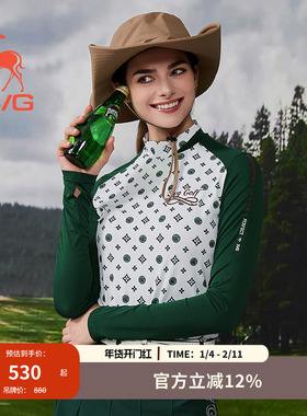 svg高尔夫秋季新款女装绿色印花拼接长袖t恤小立领