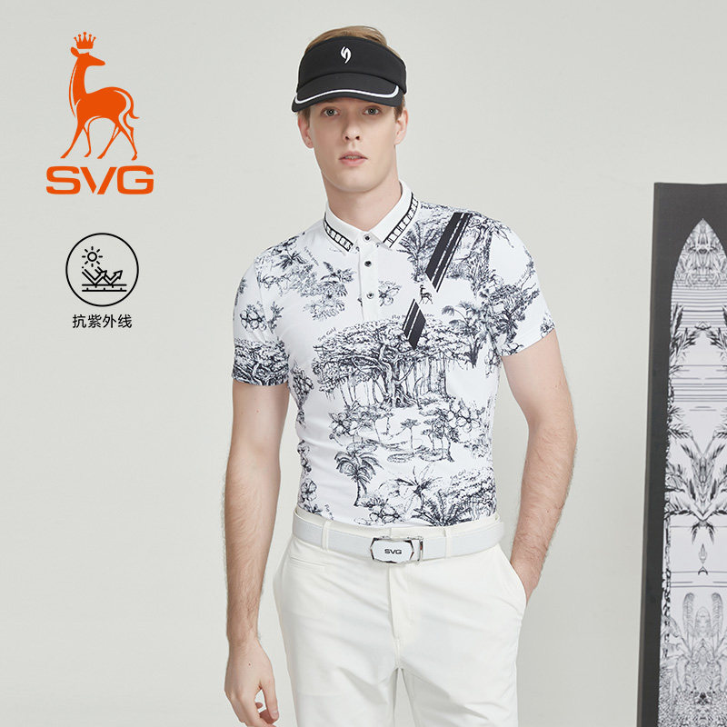 【抗UV】svg高尔夫男装秋季黑白国风印花短袖t恤POLO衫运动上衣男