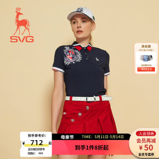 svg高尔夫春季新款女装藏兰拼色印花短袖t恤翻领polo衫套装上衣