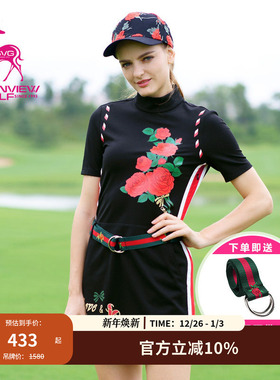 SVG高尔夫秋季新款服装黑色短袖印花连衣裙收腰复古名