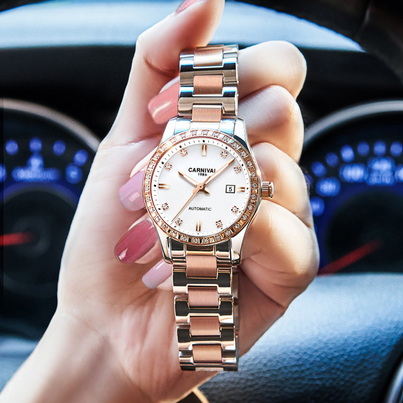 正品嘉年华手表女士全自动机械表时尚潮流玫瑰金防水品牌镶钻女表
