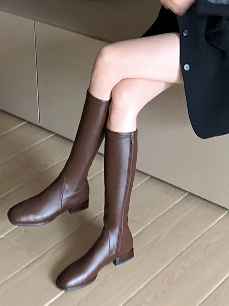 潮牌长筒靴女2025秋冬新款覆古方头平底不过膝高筒靴瘦瘦靴弹力靴