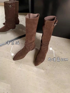 香港覆古尖头扣带西部牛仔靴女2025秋冬新款内增高骑士靴长筒靴子