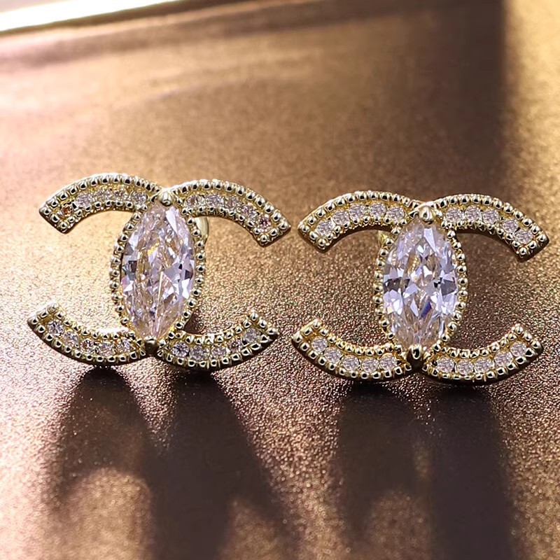 小香风纯银耳针女款锆石镀金耳环