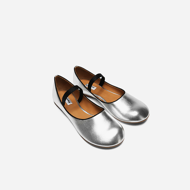 真皮小众设计同款金银色时尚芭蕾鞋2026年早春新款圆头绑带平底鞋