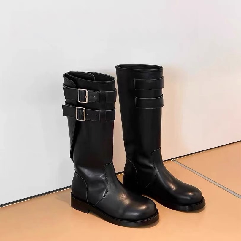 牛皮~黑色皮带扣低跟中筒靴机车靴真皮秋冬新款圆头高筒骑士靴女