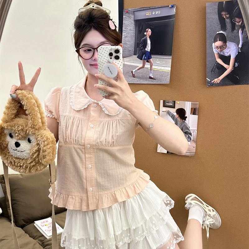 粉色娃娃领蕾丝花边泡泡袖少女短袖衬衫女夏季小个子显瘦短款上衣