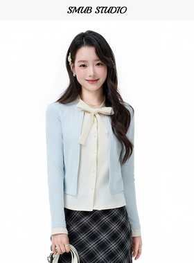 韩系假两件设计感绑带衬衫女学院风正肩长袖衬衣修身短款蓝色上衣