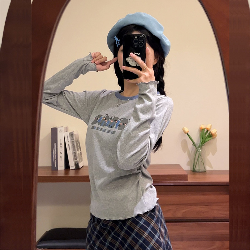 荷叶边长袖t恤女灰色秋季女上衣
