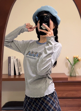 SMUB 荷叶边长袖t恤女灰色秋季印花新款韩系修身显瘦内搭外穿上衣