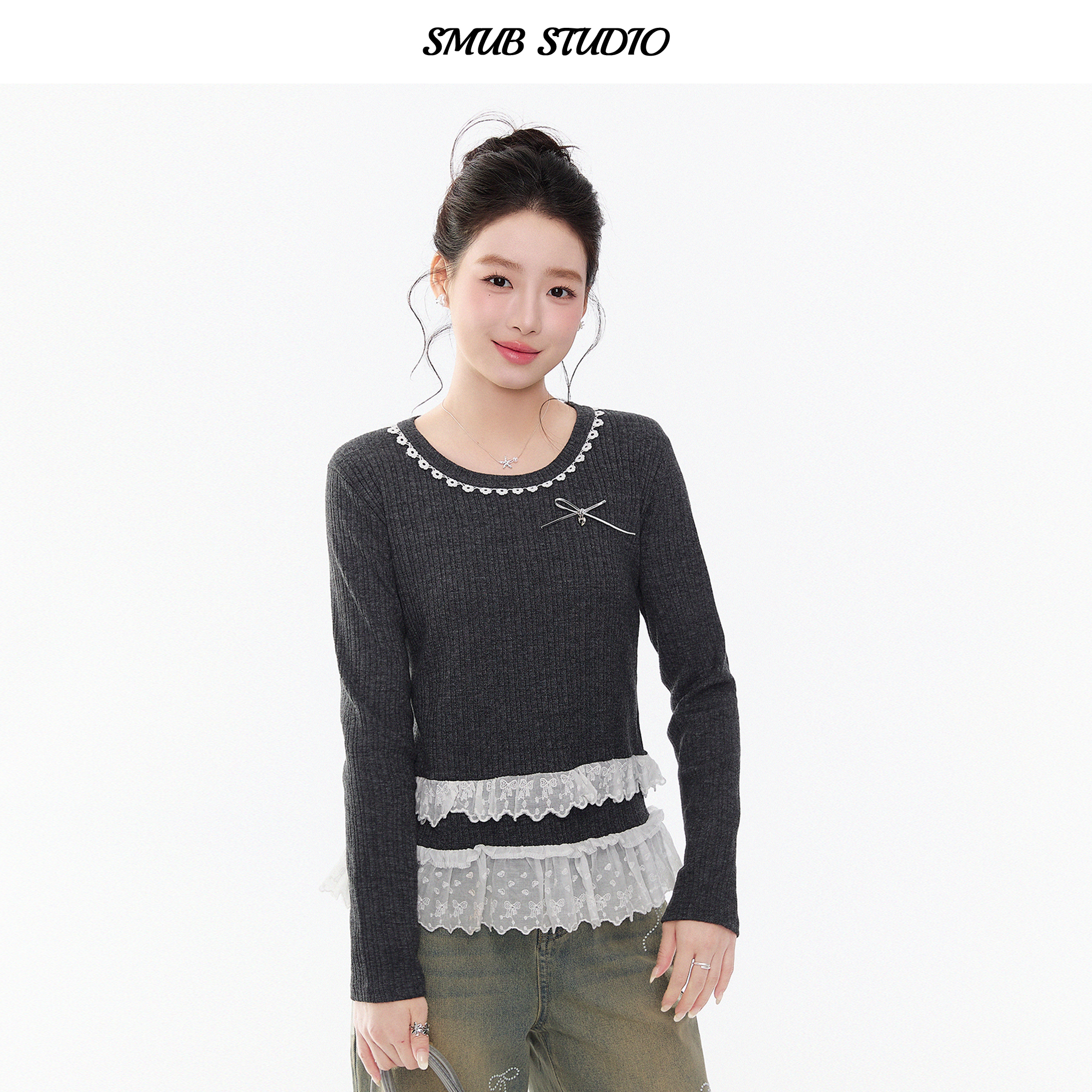 2025秋冬新款韩系蕾丝花边针织衫