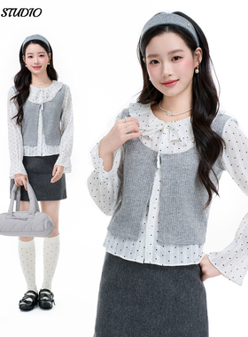 韩系设计感假两件长袖衬衫女新款波点娃娃领衬衣正肩短款修身上衣