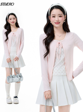 小香风假两件印花长袖T恤女修身内搭木耳边打底衫韩系正肩短上衣