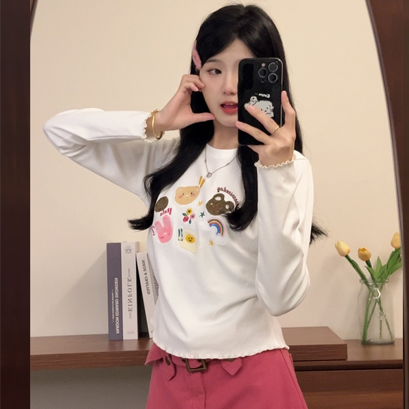 荷叶边长袖t恤女白色秋季甜美