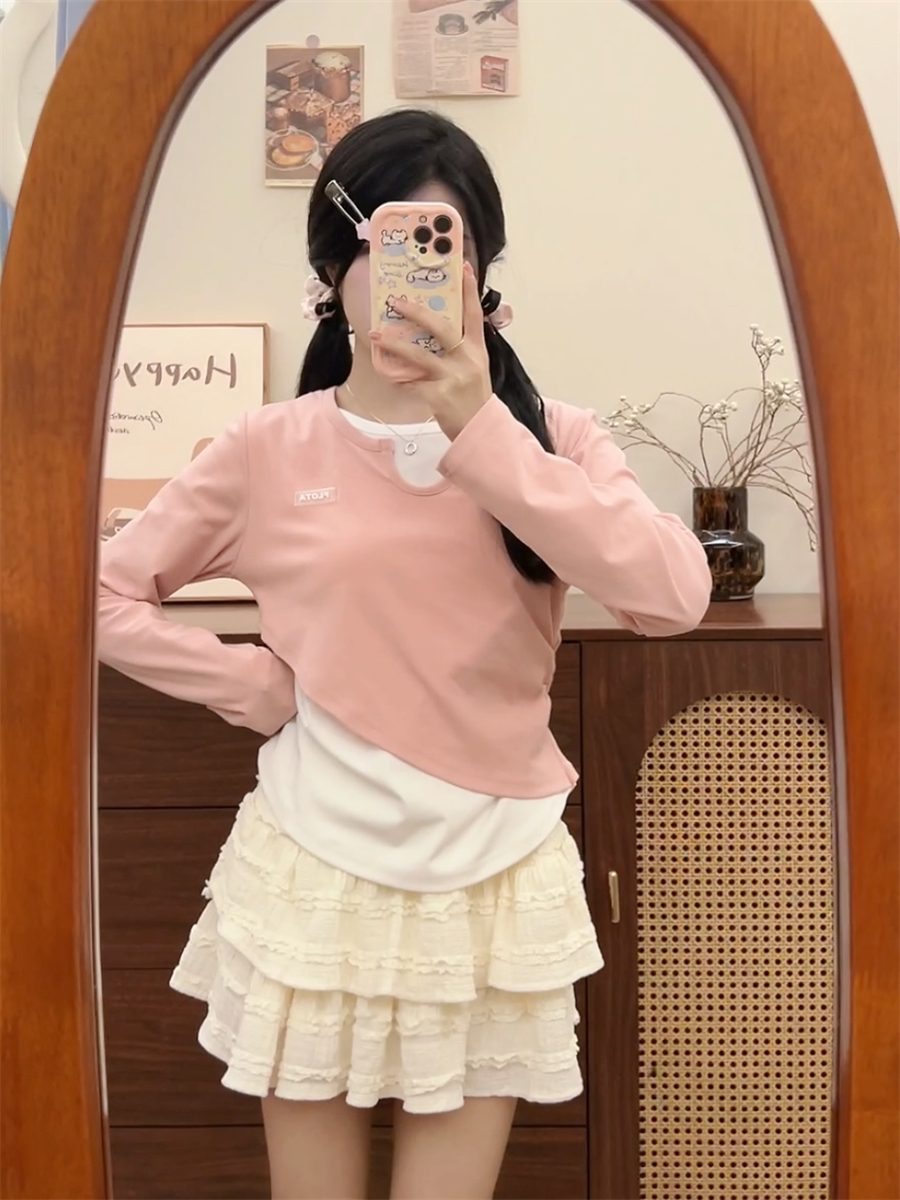 韩系ins假两件长袖修身显瘦t恤女高级感u领叠穿不漏腰打底衫短款