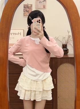 韩系ins假两件长袖修身显瘦t恤女高级感u领叠穿不漏腰打底衫短款