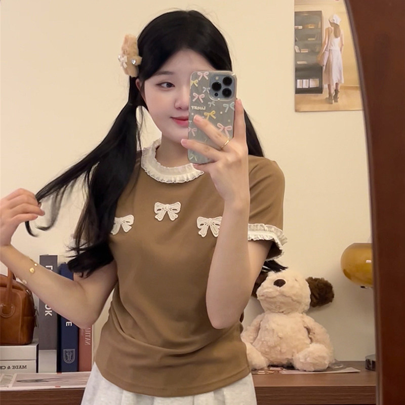 甜美蕾丝花边领拼接蝴蝶结t恤女