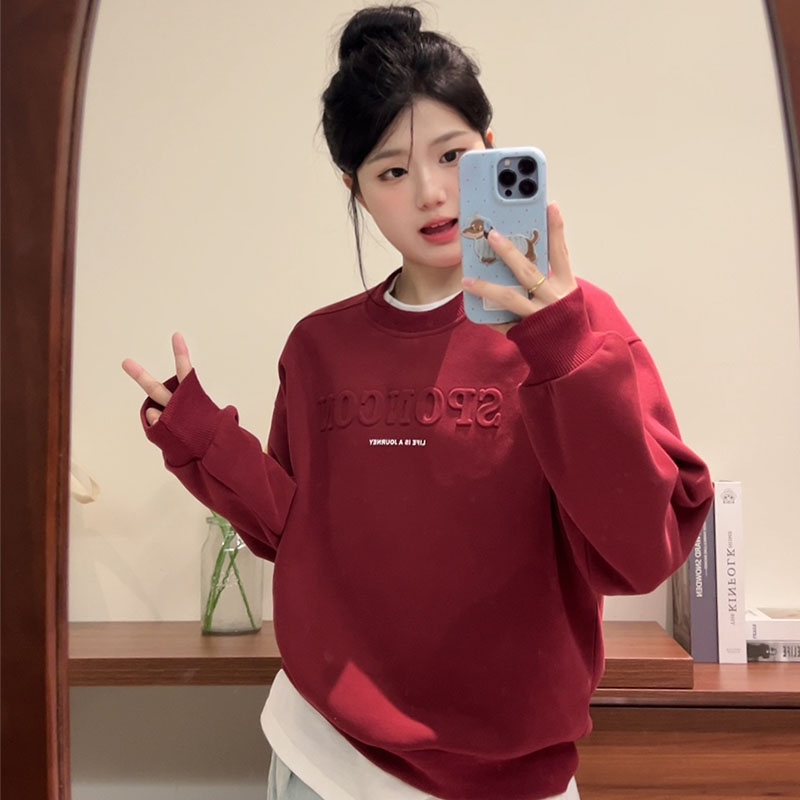 圣诞穿搭钢印字母插肩长袖卫衣女