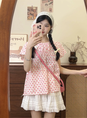 韩系爱心印花小飞袖新款娃娃衫少女独特别ins风致褶皱宽松短袖t恤