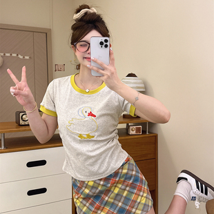 上衣 拼色小鸭子短袖 t恤女2025夏季 正肩圆领卡通可爱修身 显瘦短款