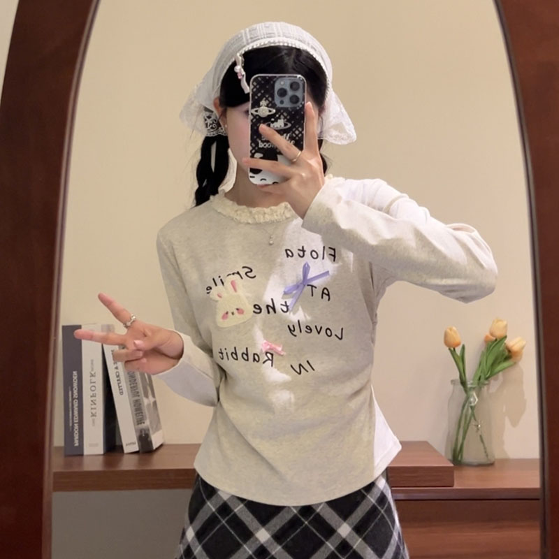 立体蝴蝶结蕾丝长袖t恤新款上衣甜妹修身打底衫女秋季内搭可外穿