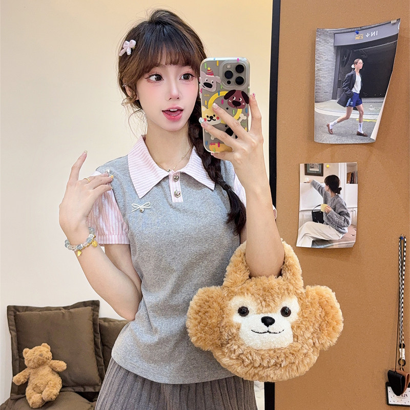粉色条纹拼接POLO领T恤女夏新款