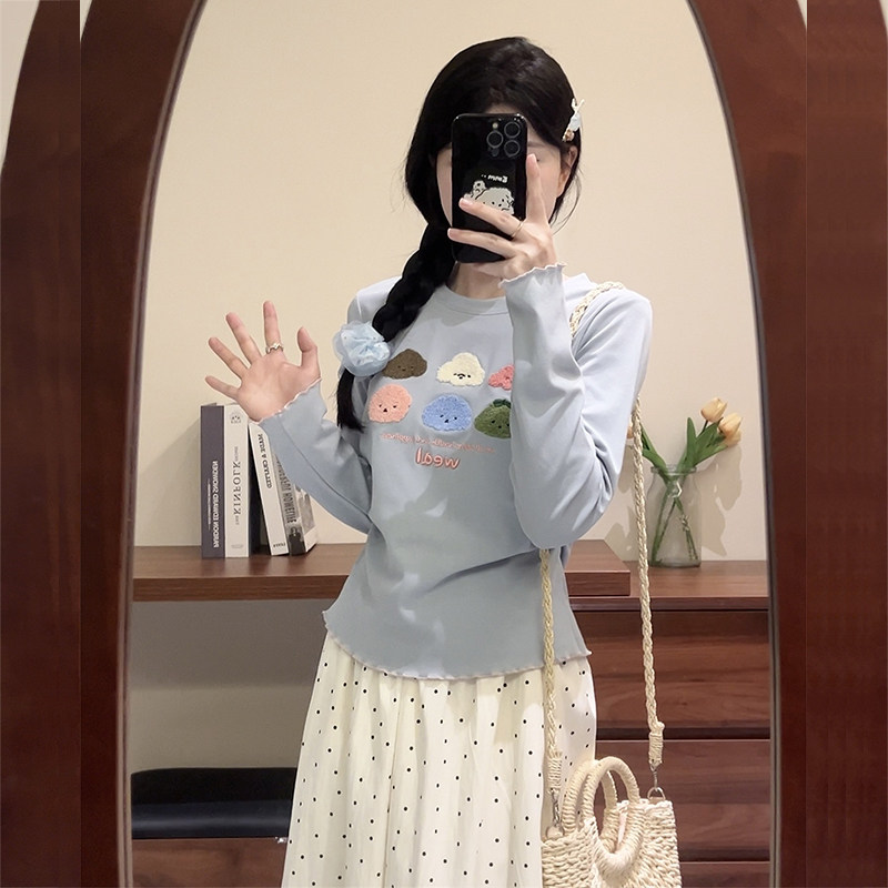 蓝色长袖t恤女秋季荷叶边新款