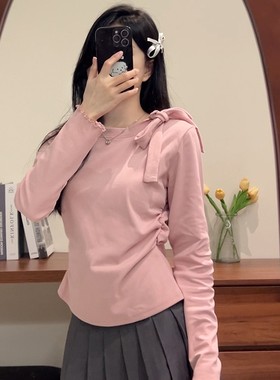 韩系蝴蝶结长袖t恤2026新款粉色内搭打底衫正肩短款显瘦收腰上衣