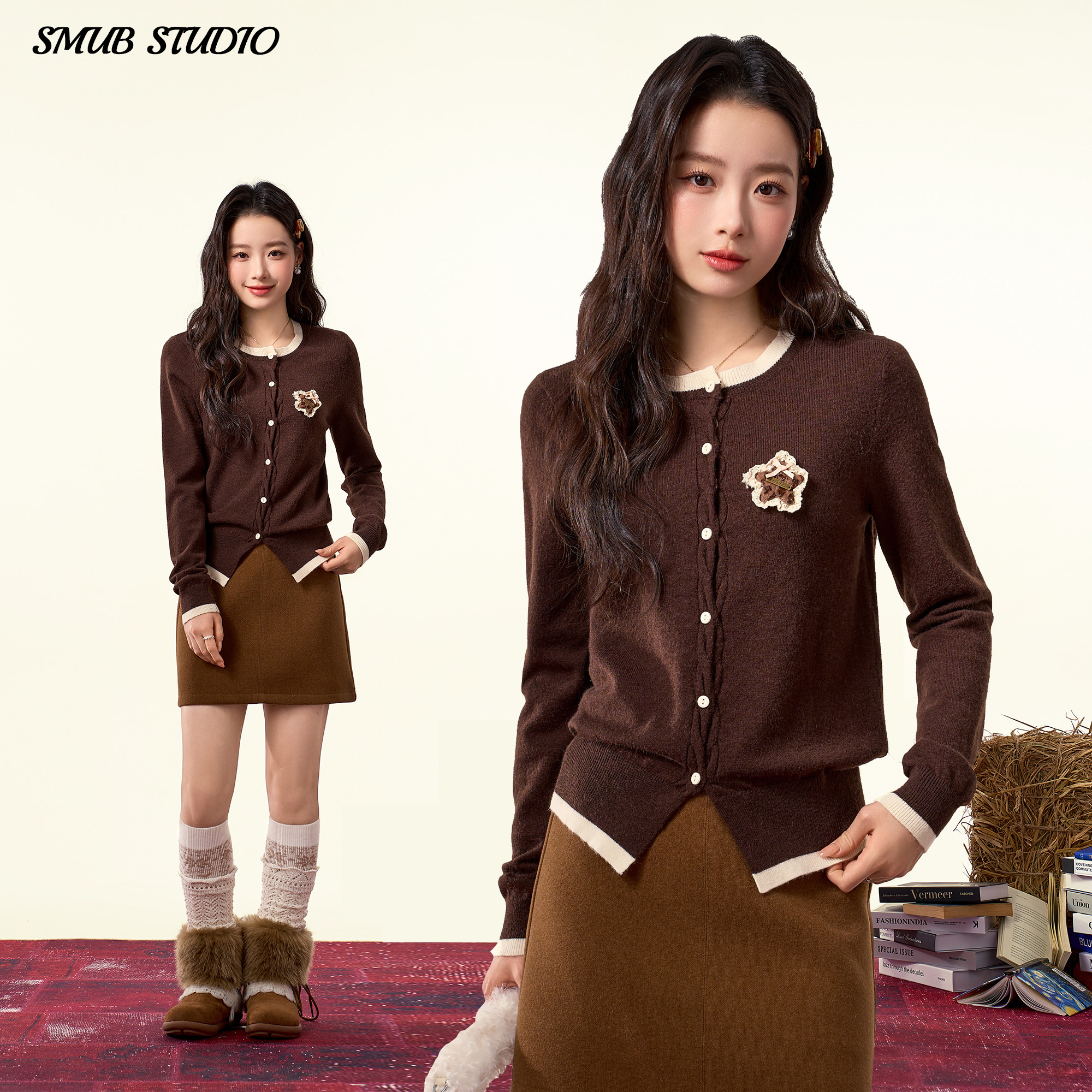 复古棕色针织衫女冬季新款小个子正肩内搭毛衣长袖打底衫短款上衣