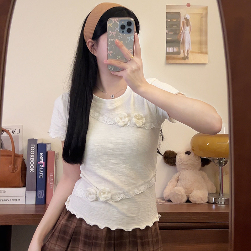 设计感立体花朵正肩短袖t恤女夏季新款独特绝美修身显瘦短款上衣