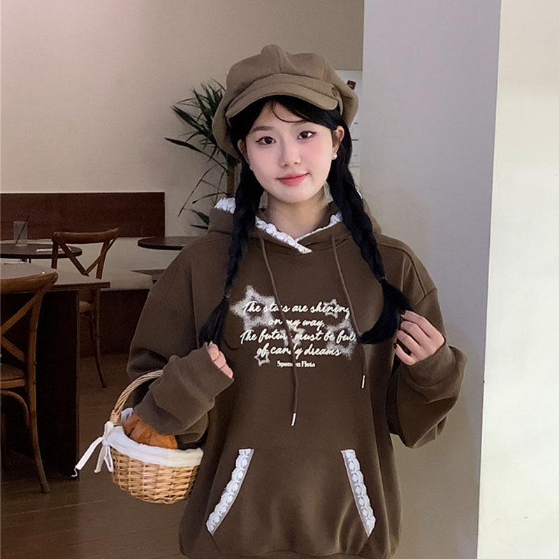 设计感蕾丝花边休闲长袖上衣星星字母印花加绒加厚连帽卫衣女秋冬