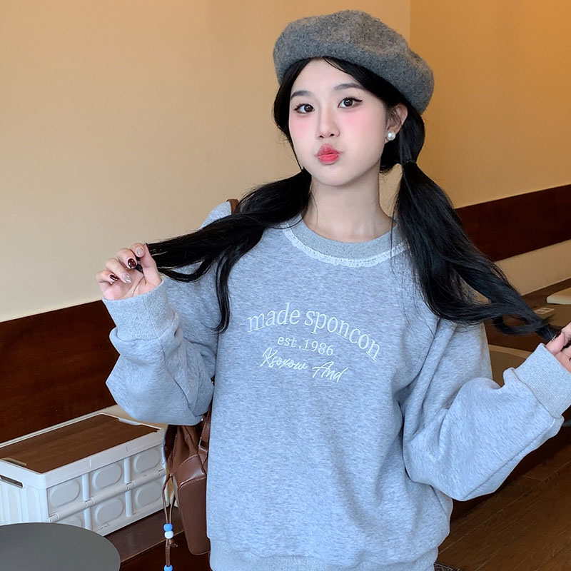 独特别致蕾丝拼接圆领卫衣女春秋季2026新款爆款字母刺绣宽松上衣