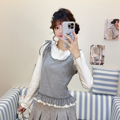 甜美绑带木耳边假两件长袖T恤女2026秋冬新款韩系修身内搭短上衣