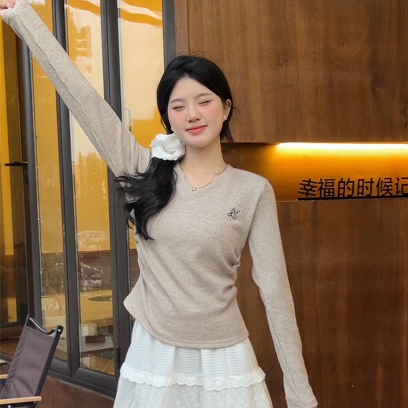秋季新款正肩长袖内搭v领修身显瘦短款针织打底衫独特别致小上衣