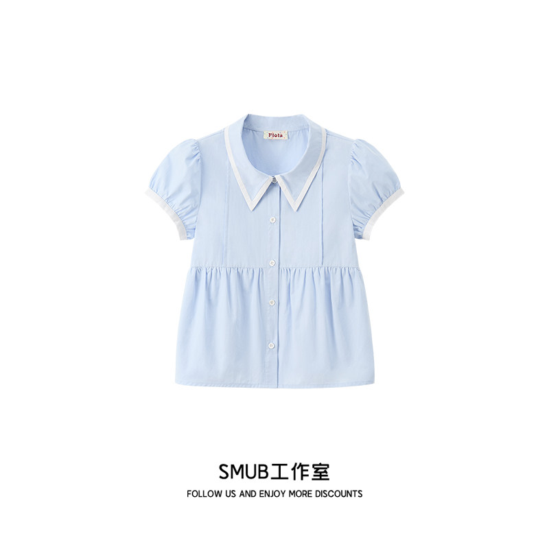 小清新POLO领蓝色衬衫女夏韩系泡泡袖小个子短款上衣修身显瘦短袖