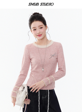 蕾丝花边针织衫正肩长袖内搭女2026冬季新款小个子打底衫短款上衣