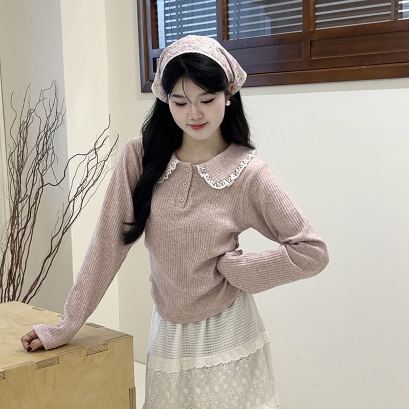 冬季新款纽扣设计感打底衫法式甜美娃娃领蕾丝花边针织上衣t恤女