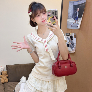 上衣 红色波点短袖 拼接条纹海军领T恤女2025夏季 新款 减龄百搭短款