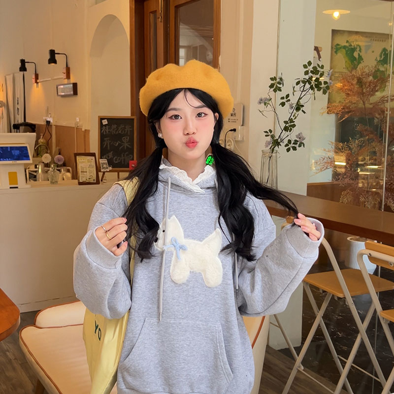 植绒狗狗蕾丝花边连帽加绒卫衣女秋冬甜妹风宽松百搭上衣2024新款