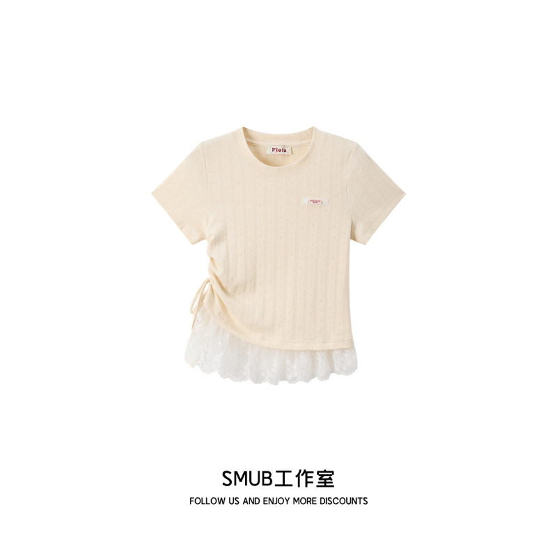 甜美少女正肩拼接蕾丝短袖T恤女