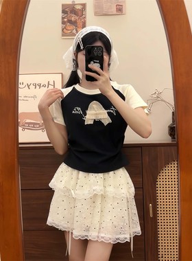 独特别致蕾丝花边短袖女ins风撞色插肩袖t恤温柔甜妹收腰短款上衣