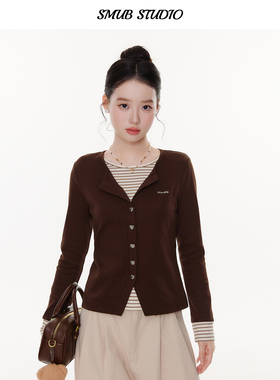 翻领假两件条纹长袖T恤女2026秋冬新款修身打底衫正肩内搭短上衣