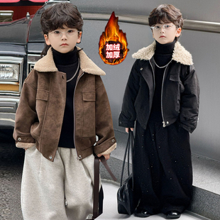 潮帅气时髦男宝宝加绒加厚皮衣儿童炸街套装 男童外套2025新款 冬装